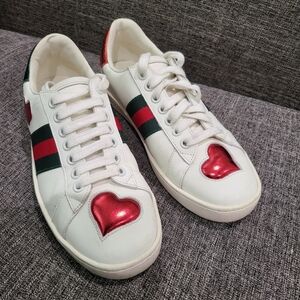 Gucci White Sneakers with Red Heart Accents